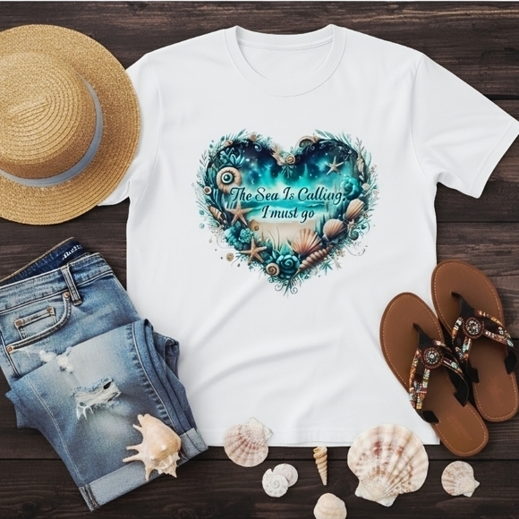 The Sea Is Calling I Must Go Tee • Beach Lover Shirt • Ocean Heart Seashell - Picture 1 of 11